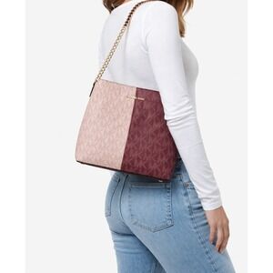 Michael Kors Pratt Women Medium Two-Tone Logo Bucket Shoulder Bag Cherry Multi